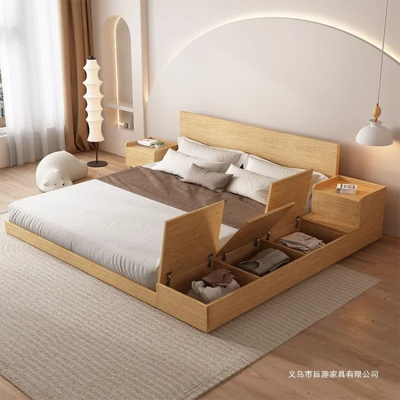 Japanese Style Tatami Floor Bed with Storage Side Cabinet Single Double Bed Frame Low Profile Loft Rental Room Board Floor