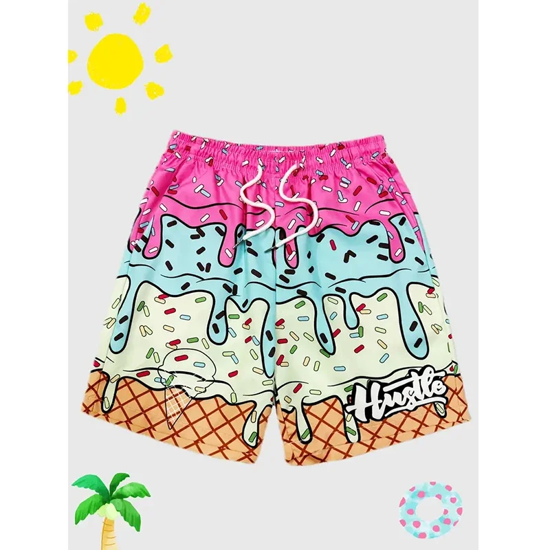 

Men's fashion summer wear with beach shorts and ice cream graphics, 3D printed swimming suits, and loose street dance shorts