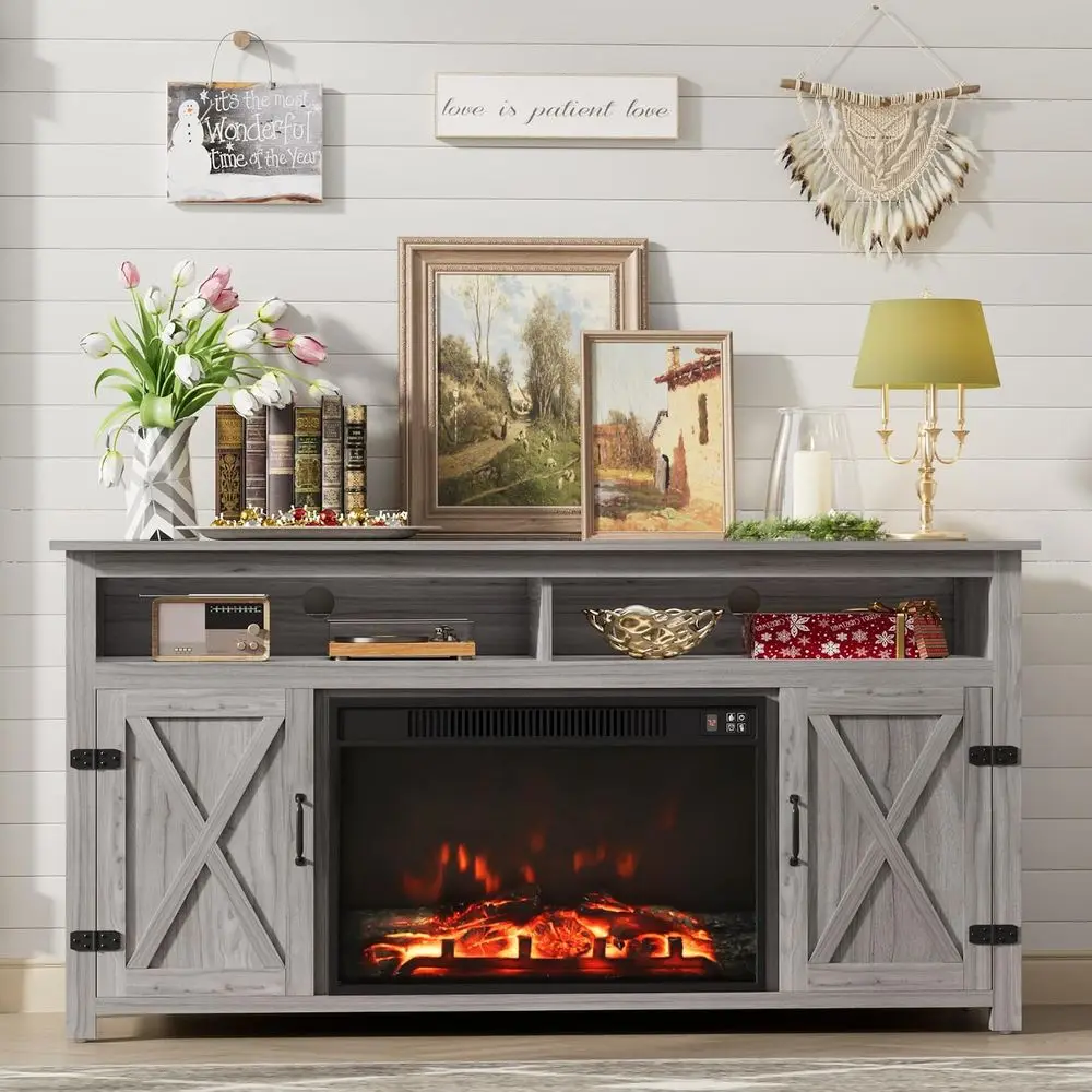 armhouse ireplace TV Stand or TVs Up to 65 Inch Highboy Entertainment Center with Open Storage and Side CabiRustic Media ole Tab
