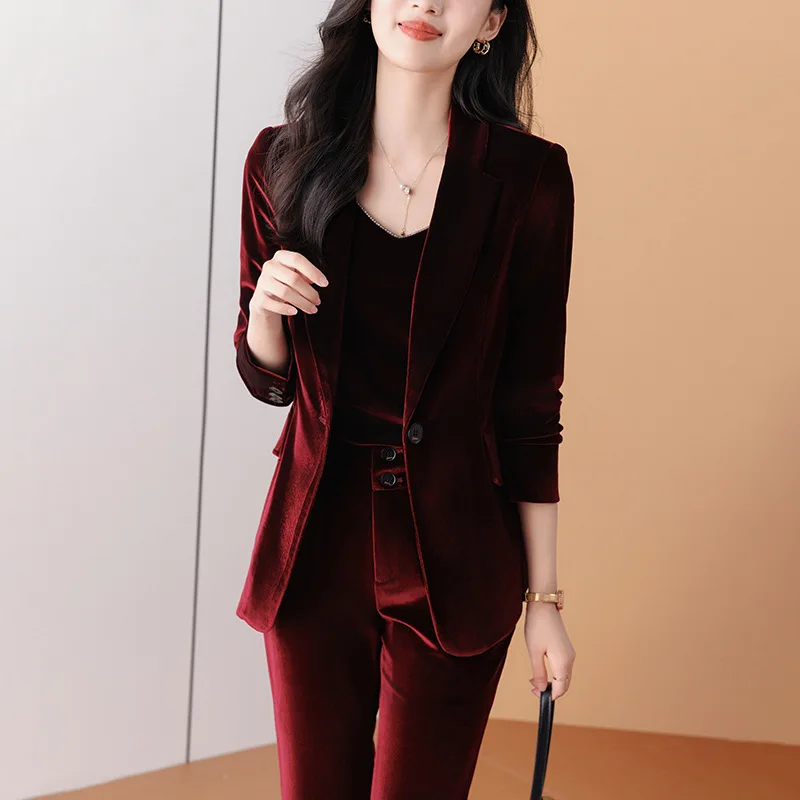 Autumn Winter High Quality Fabric Velvet Formal Pantsuits for Women Business Work Wear with Pants and Jackets Coat Blazers Set