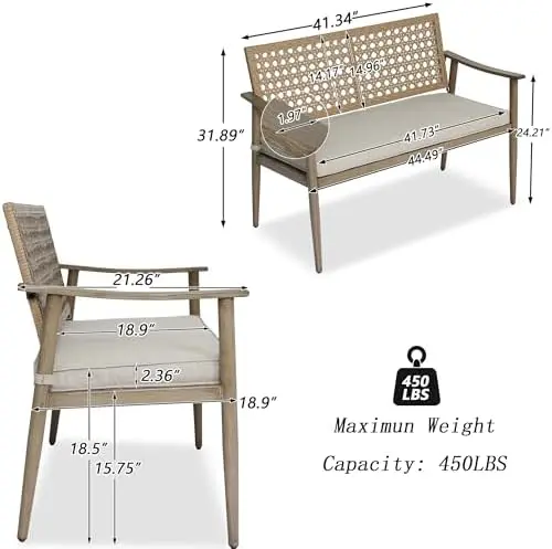 Outdoor Patio Bench with Cushion, 2-Person Garden Loveseat Bench with Wicker Backrest, Aluminum Frame for Outside