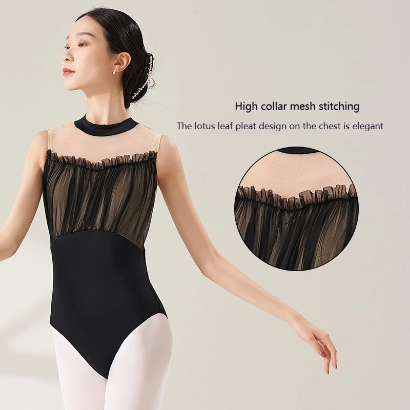 여성 발레 레오타드 가슴 연꽃 잎 접기 댄스 착용 접합 훈련 바디 슈트 성인 댄스웨어 체조 의류