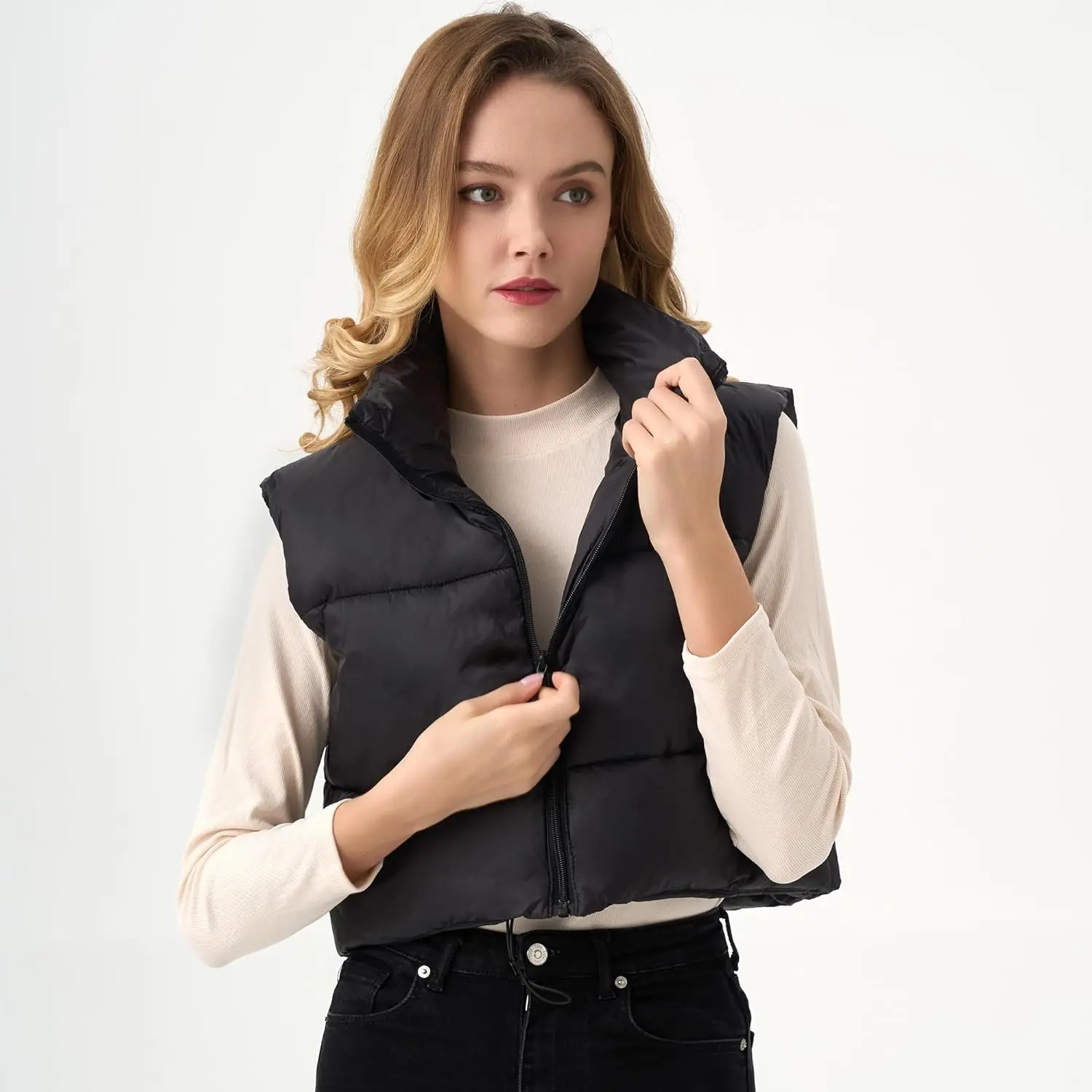 Denim Vest Women\'s Cropped Puffer Vest Lightweight Sleeveless Warm Vests for Women Winter Stand Collar Padded Gilet
