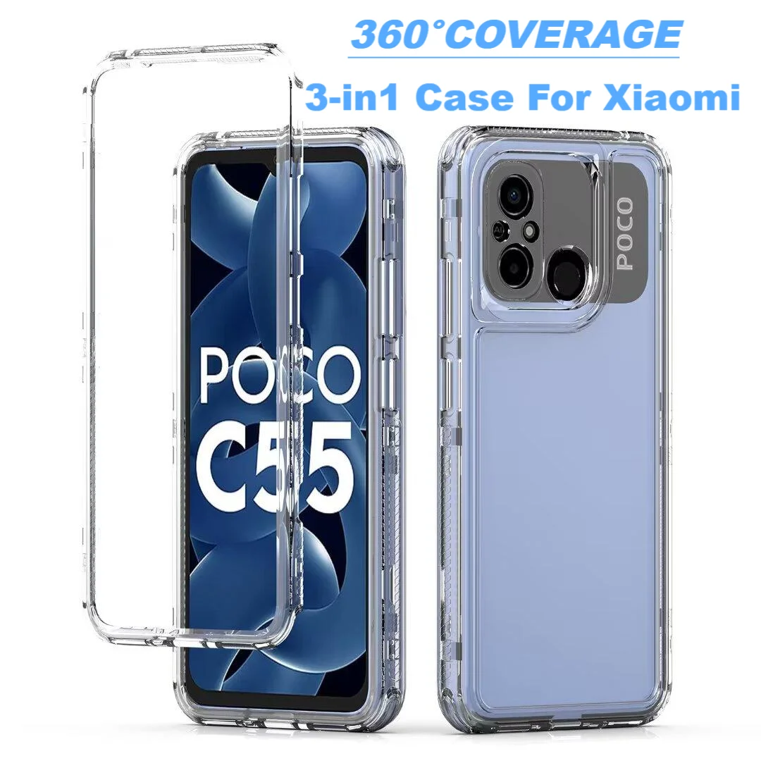 

360° Clear Full Body Shockproof Phone Case For Xiaomi Poco C55 C65 PC+Acrylic Waterproof Case for Xiaomi Poco X6 X5 M6 Pro 4G 5G