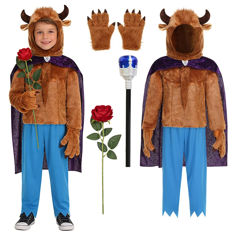 Brown Monster Prince Adam Beast Children's Costume Halloween Cosplay Birthday Party Plush Boys Outfits School Play Kids Clothes