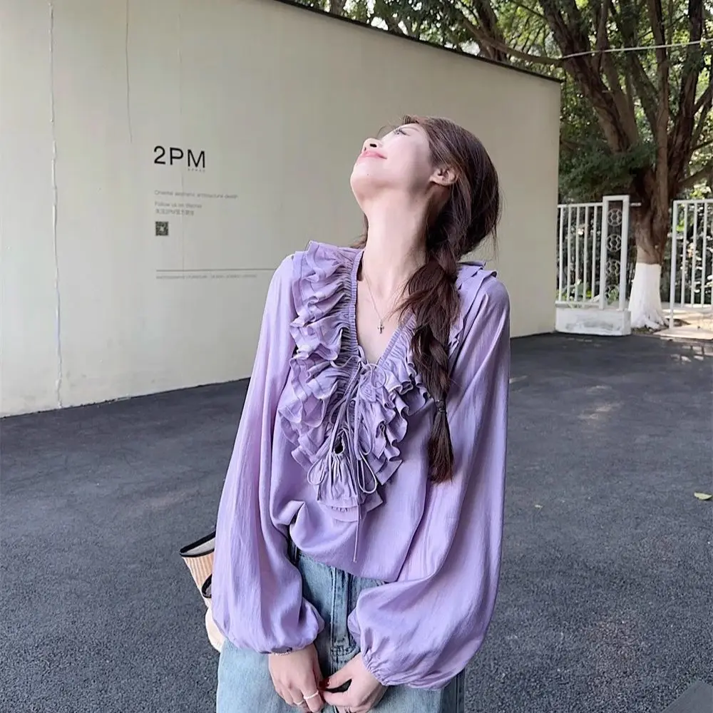 

202, весна-осень, новая простота, элегантная плиссированная однотонная блузка с v-образным вырезом, женские модные свободные рубашки на шнуровке