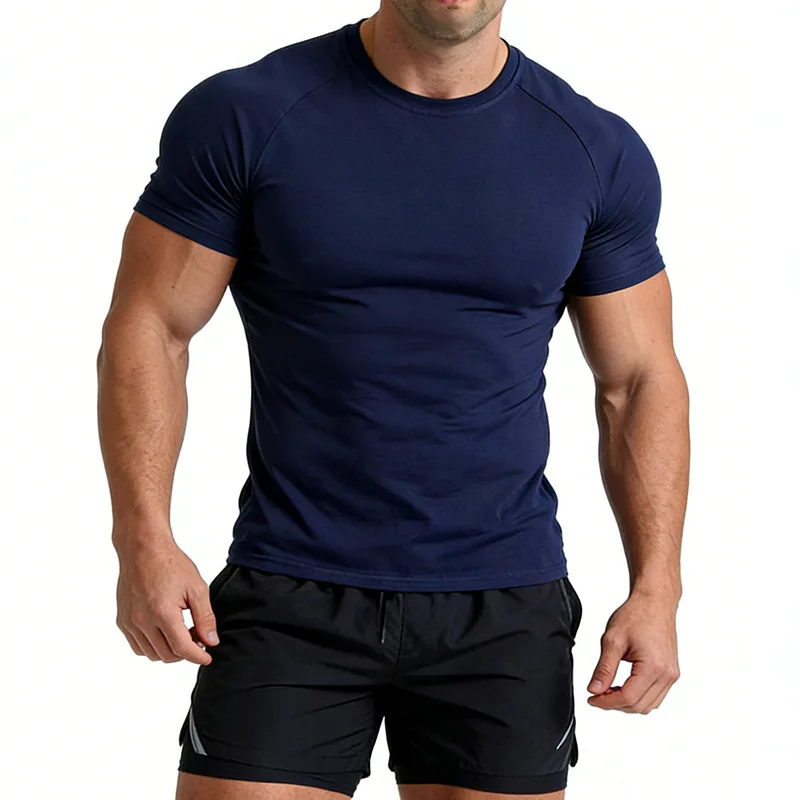 Herren Baumwoll-Spandex Kurzarm-T-Shirt, hochelastisches Sportshirt für Sommer, Fitnessstudio, Workout, Freizeit und Alltag. – Detail 4
