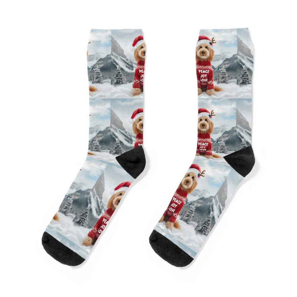 

Cute Christmas Labradoodle Dog in Santa Hat Wishing Peace Love Joy Painting Socks designer Soccer ankle Socks Men's Women's