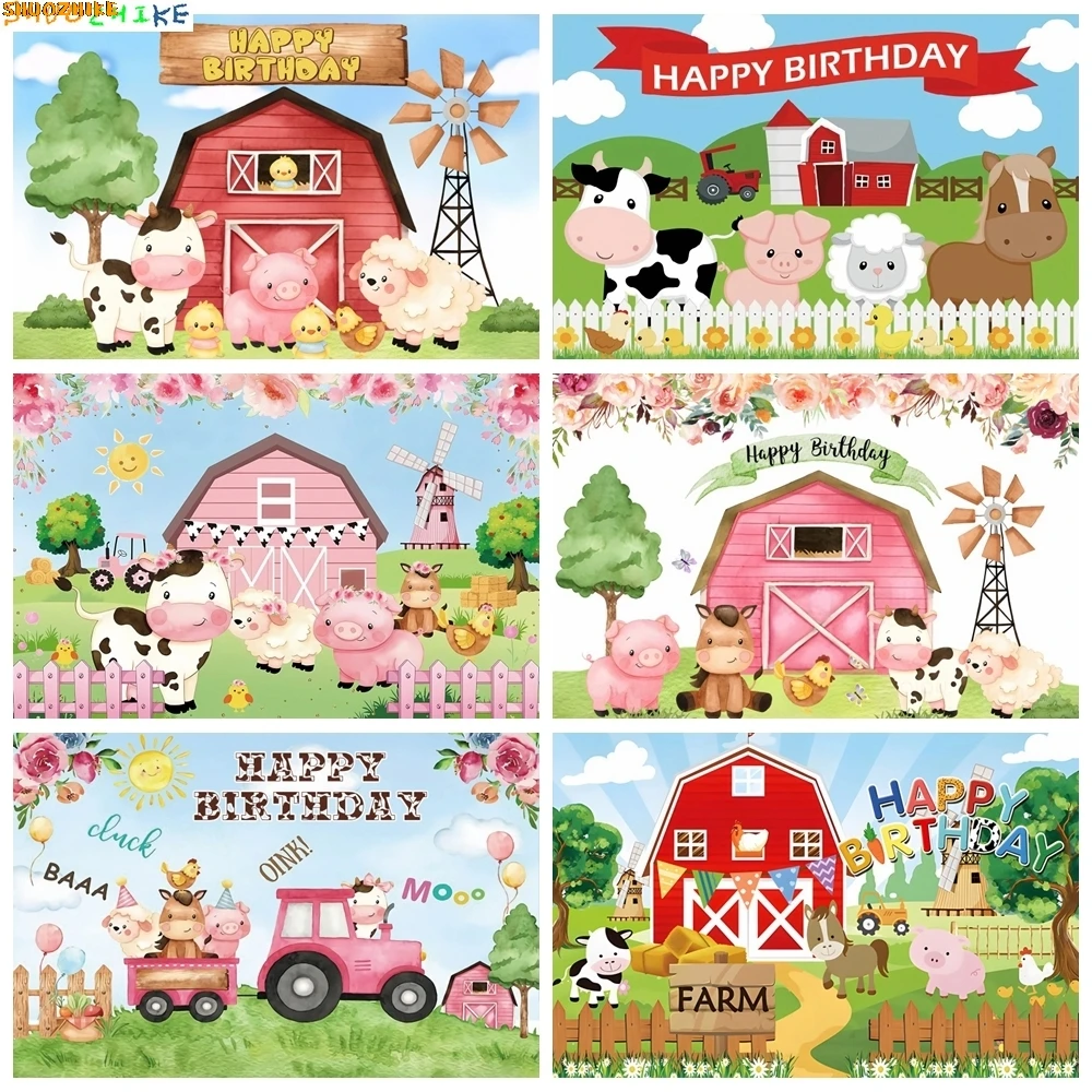 

Cartoon Farm Animals Newborn Photography Backdrop Wooden House Flowers Baby Shower Birthday Party Decor Background Photo Studio
