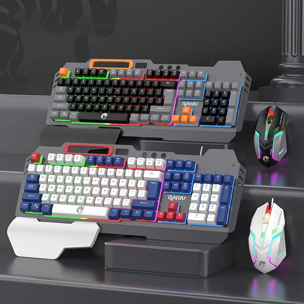 

104 клавиши RAIKU T16, подсветка клавиатуры, RGB подсветка, набор клавиатуры и мыши, светящаяся игровая механическая клавиатура радужного цвета, офисная
