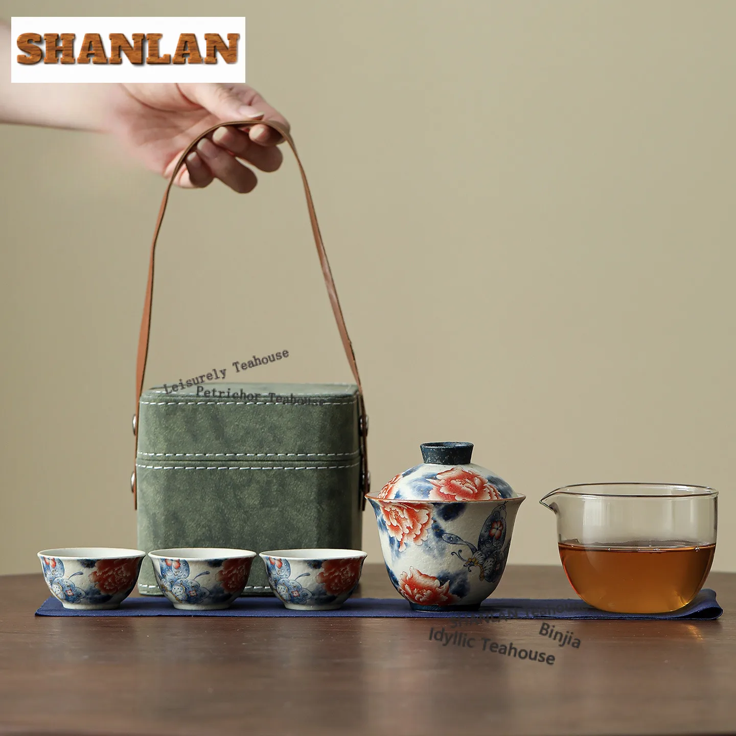 

Caramel Glaze Butterfly Peony Travel Tea Set Kit Handmade 1 Pot 3 Cup Tea Making Organizer Portable Camping Tote Bag Cafes Craft