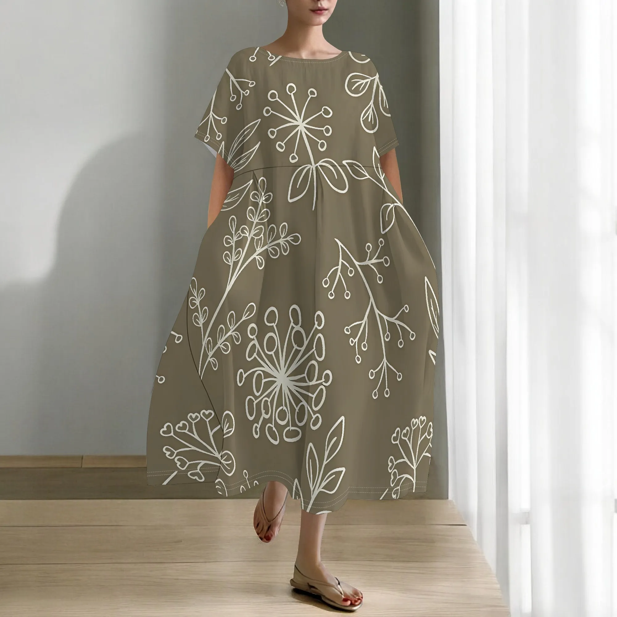 Nupusa Standard Size Maxi Dress Floral Print Short Sleeve Loose Dress