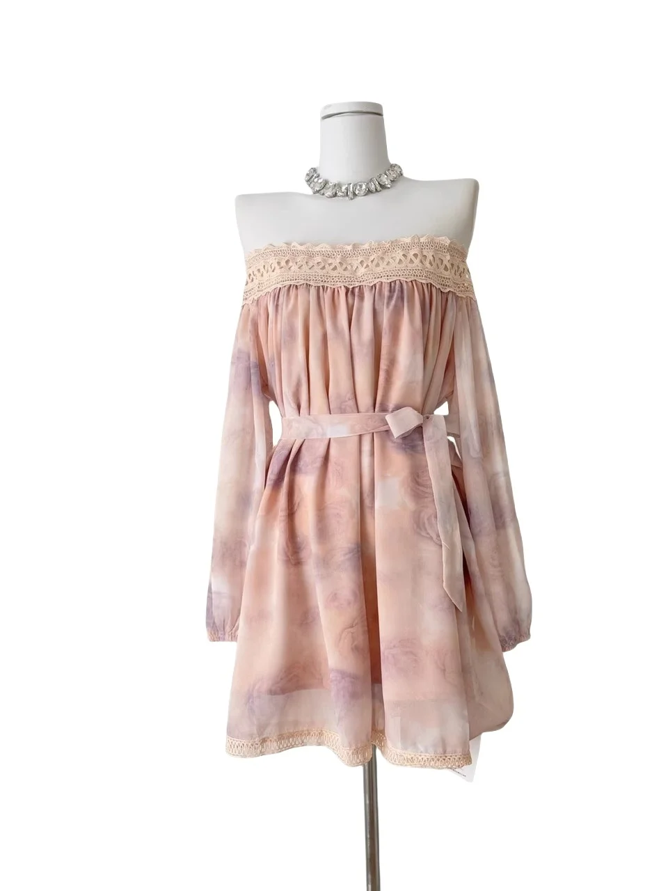 Romantic Pink Lace Trim oulder Gown with Floral Print Chiffon ort A-Line Skirt with Lantern Sve High Waist Summer Dr