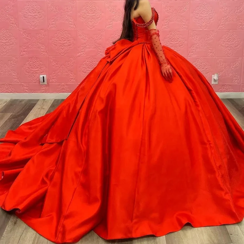 AAR46 Customzied Red Quinceanera Dresses For Sweet 15 16 Year Old Girls Beading Satin Prom Birthday Party Gown (Without Gloves)