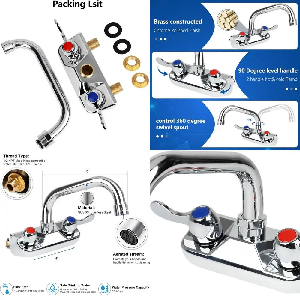 

6 Swivel Spout Dual Handle Wall Mount Kitchen Faucet, 4 Center, 1/2 NPT Brass, Chrome Finish