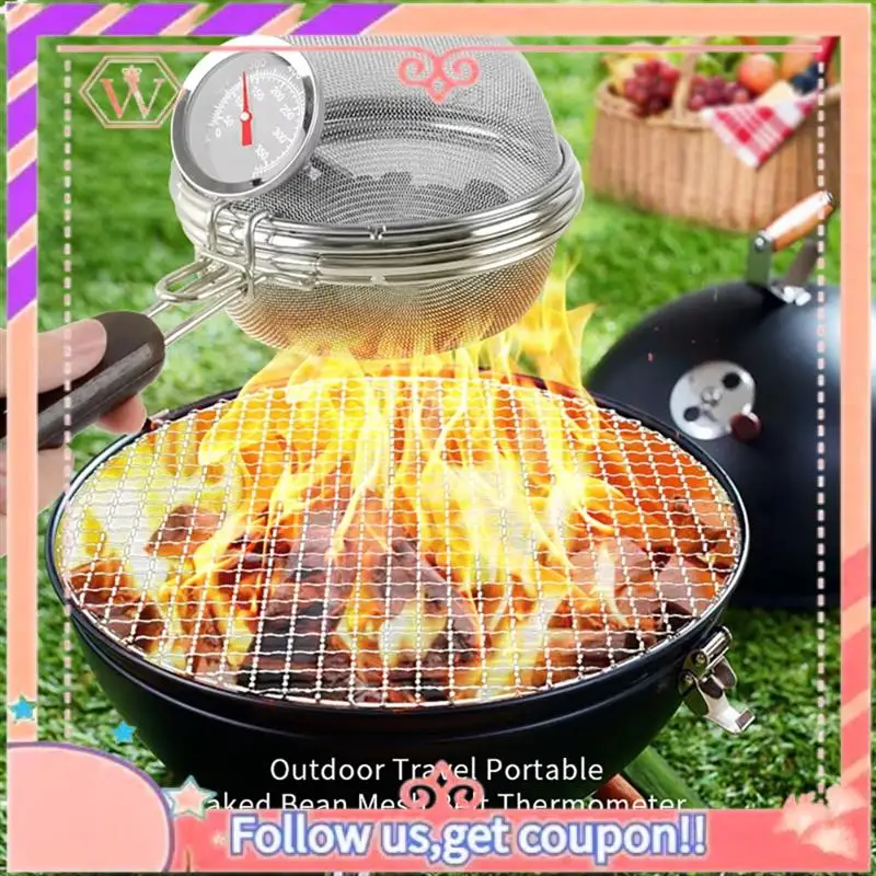 Tostador de café de acero inoxidable mejorado con termómetro para uso doméstico, red para asar granos de café de malla de alambre Compatible con fuego abierto