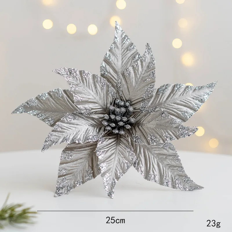 Christmas 25cm Artificial Sticky Cloth Christmas Flowers Gold Silver White Decorative Flowers Christmas Tree Garland Decoration