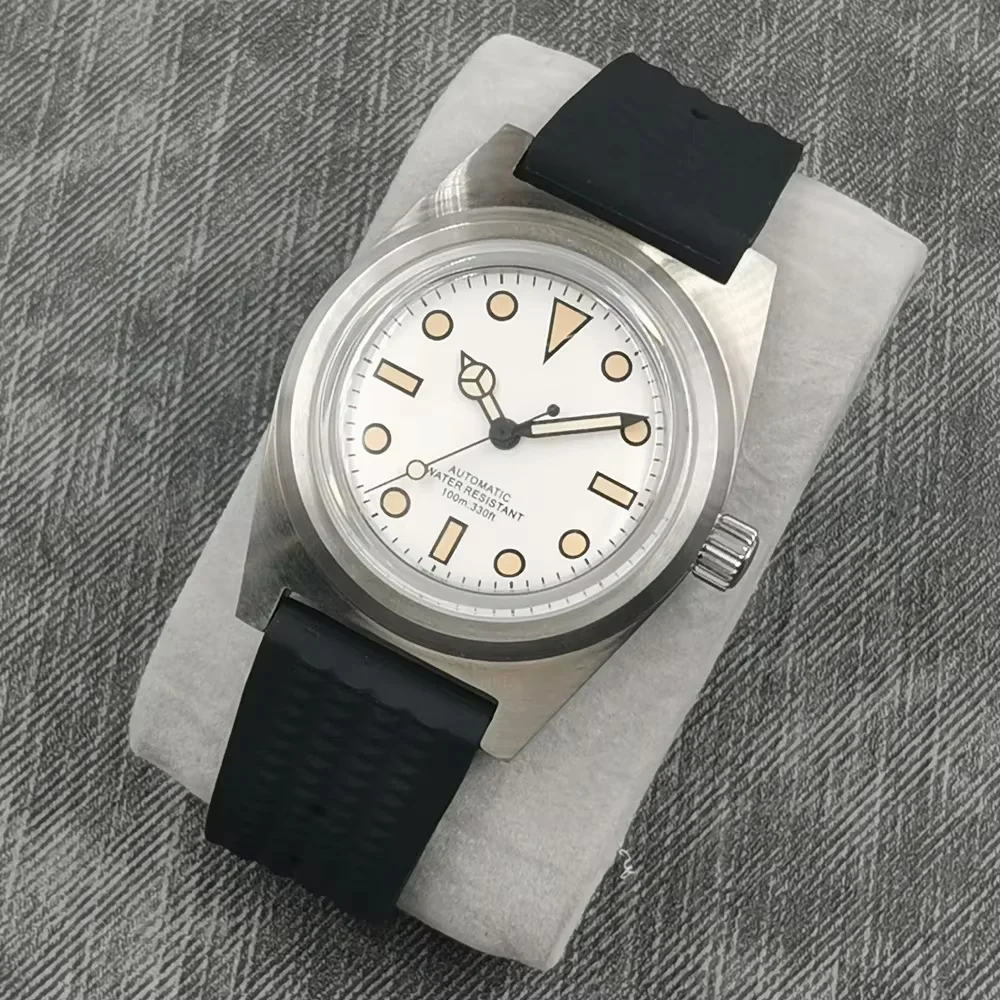 38mm vidro arqueado nh35 movimento masculino relógio automático estéril mostrador de borracha pulseira preta luminosa relógio mecânico masculino