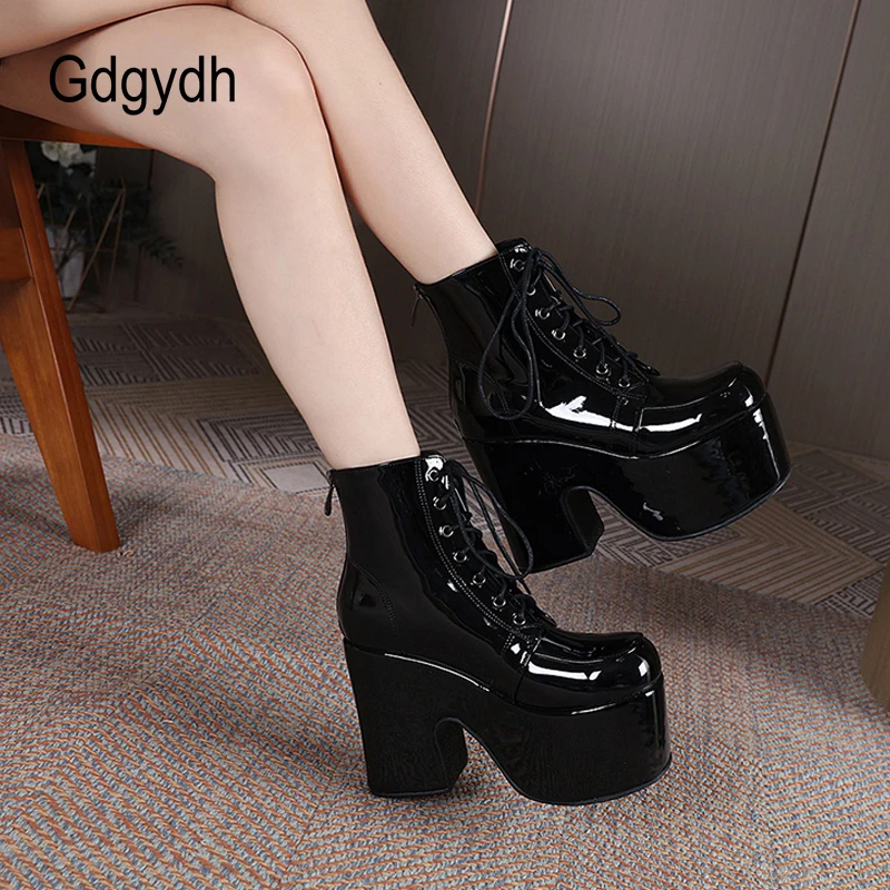 Gdgydh Women\'s Platform Chunky High Heel Lace Up Combat Boots Round Toe Black Patent Leather Goth Boots Knight Punk Big Size