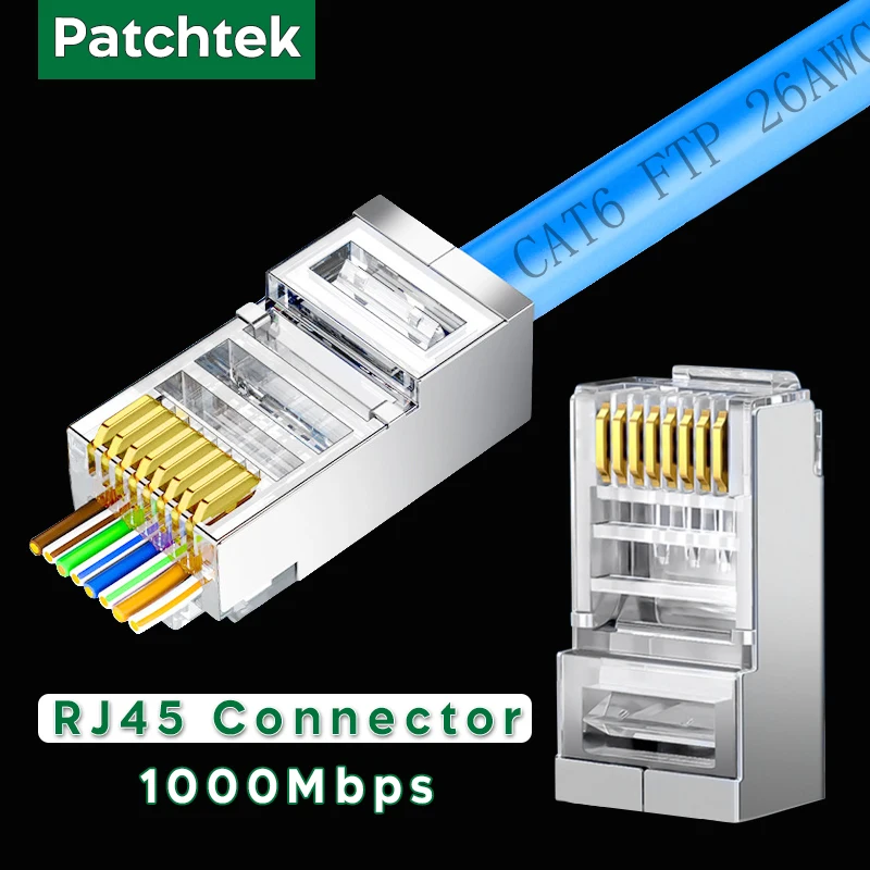 Patchtek RJ45 Modular Plug Pass Through FTP 1-100pcs Cat6 Connectors 8P8C Gold Plated Ethernet Ends for FTP Network Cable