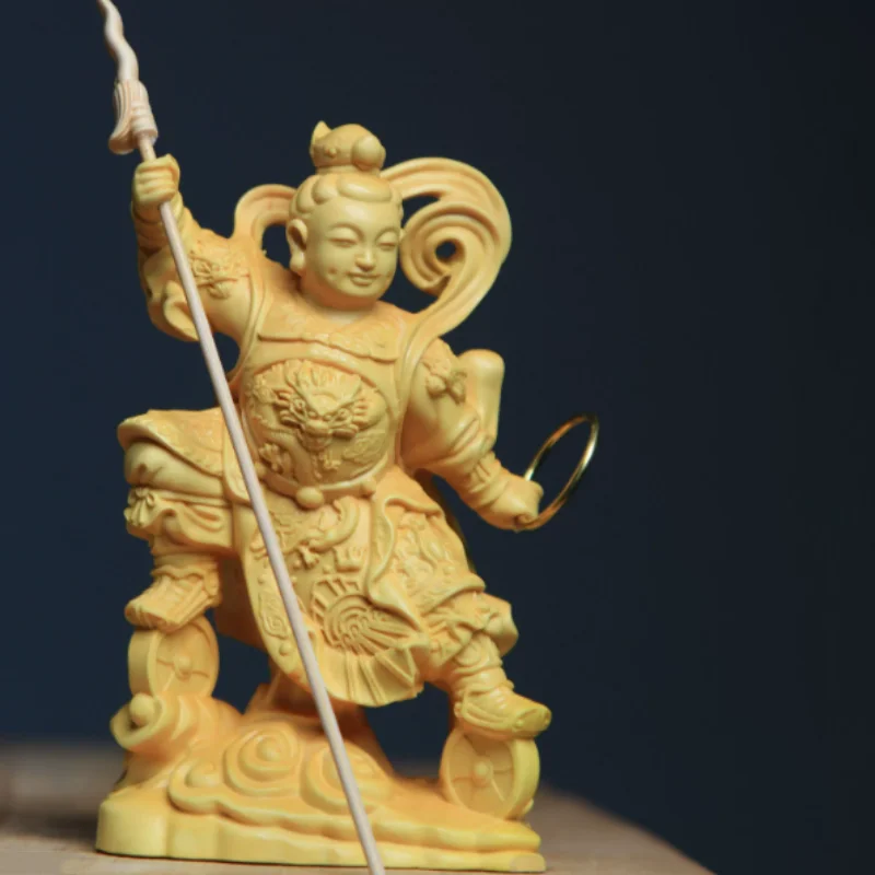 

Antique wood carving Nezha deity statue figurine ornament home living room desktop decoration modern exquisite handicrafts