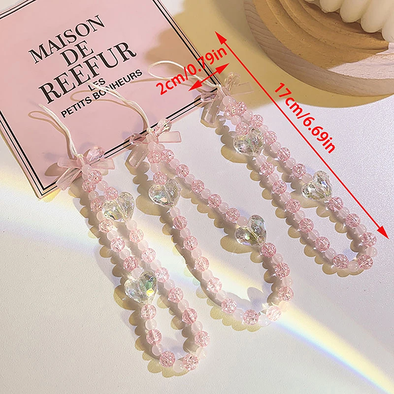 Pink Crystal Love Bow Mobile Phone Lanyard Key Lanyard Mobile Phone Jewelry Anti-Lost And Glass Flower Bead Mobile Phone Pendant