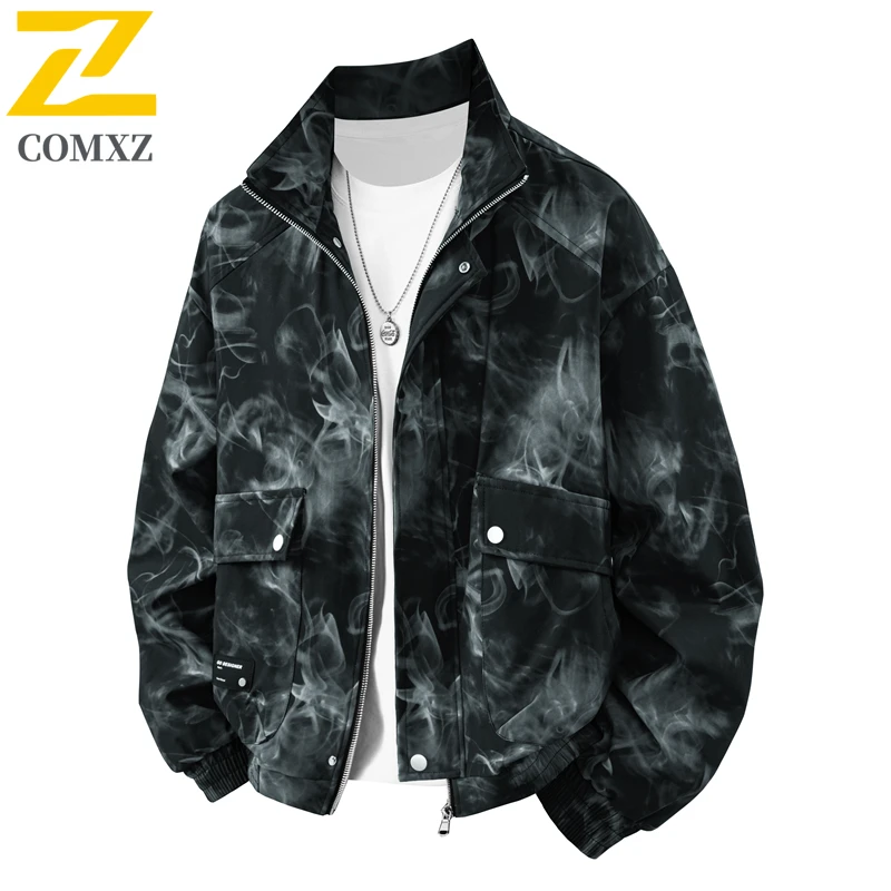 

Мужская куртка COMXZ с граффити, новинка 2025 года, модная универсальная удобная дышащая куртка с воротником, уличное уличное повседневное пальто на молнии