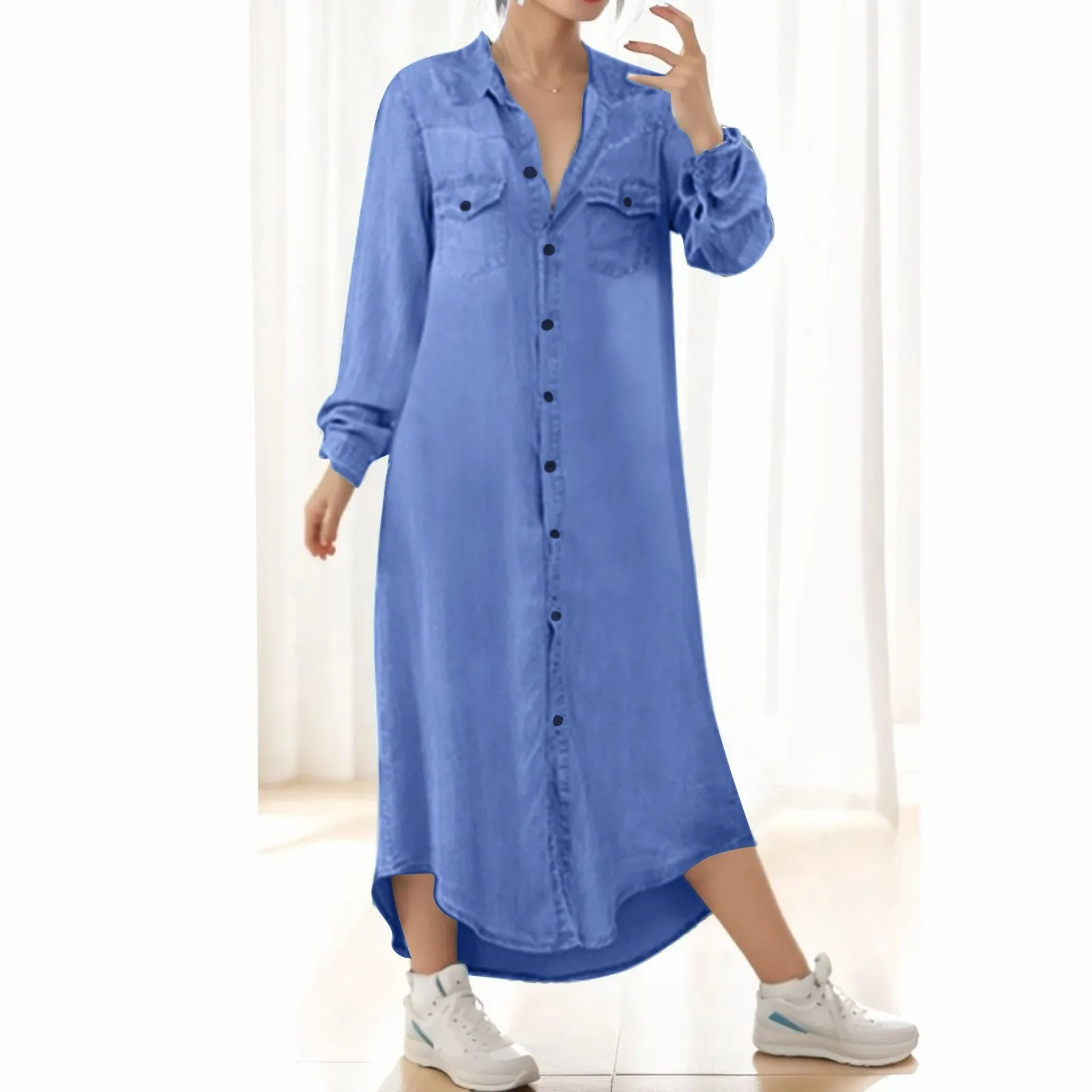 

Women's Button Down Midi Shirt Denim Dress Long Sleeve Pockets Jean Dress Lapel V Neck Dresses Vintage Female Party Dress Robe