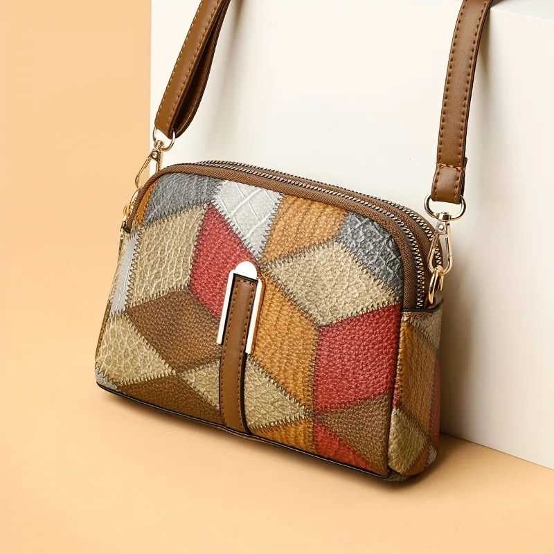 

Casual Patchwork Leather Crossbody Bag, Geometric Color Block Mini Shoulder Purse, Versatile for Women Work Daily Occasions