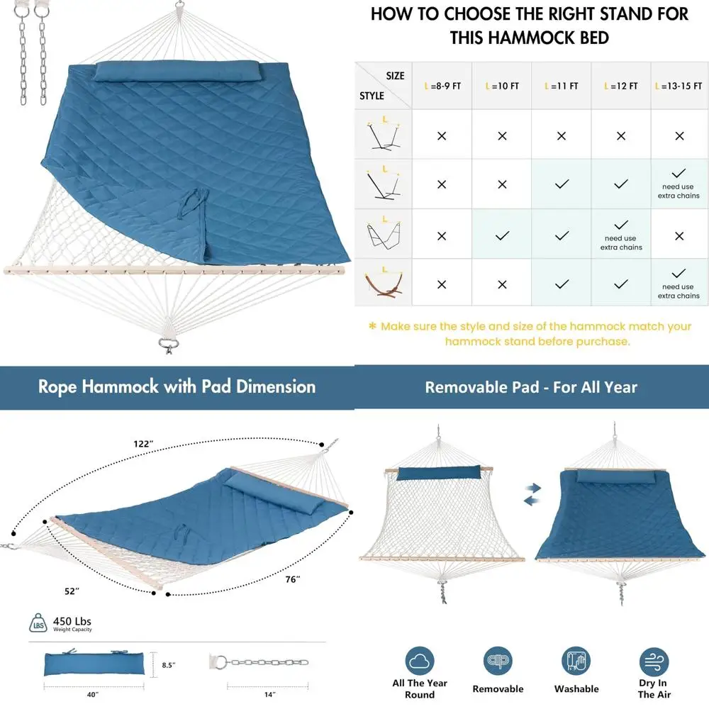 أرجوحة لشخصين مع وسادة ووسادة قابلة للإزالة، استخدام ساحة الحديقة الخارجية، سعة 450 رطل، أزرق #1