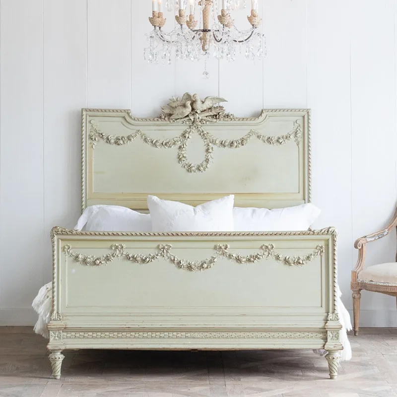 Home French washed white solid wood bed villa princess queen bed small apartment 1.8 master bedroom double bed 1.5 meters single
