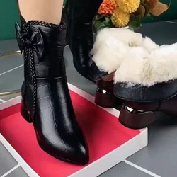 Women's Bow Pointed Toe Short Boots Fashion Retro Solid Colour High Heels Party Fleece Cotton Shoes Zapatos De Mujeres