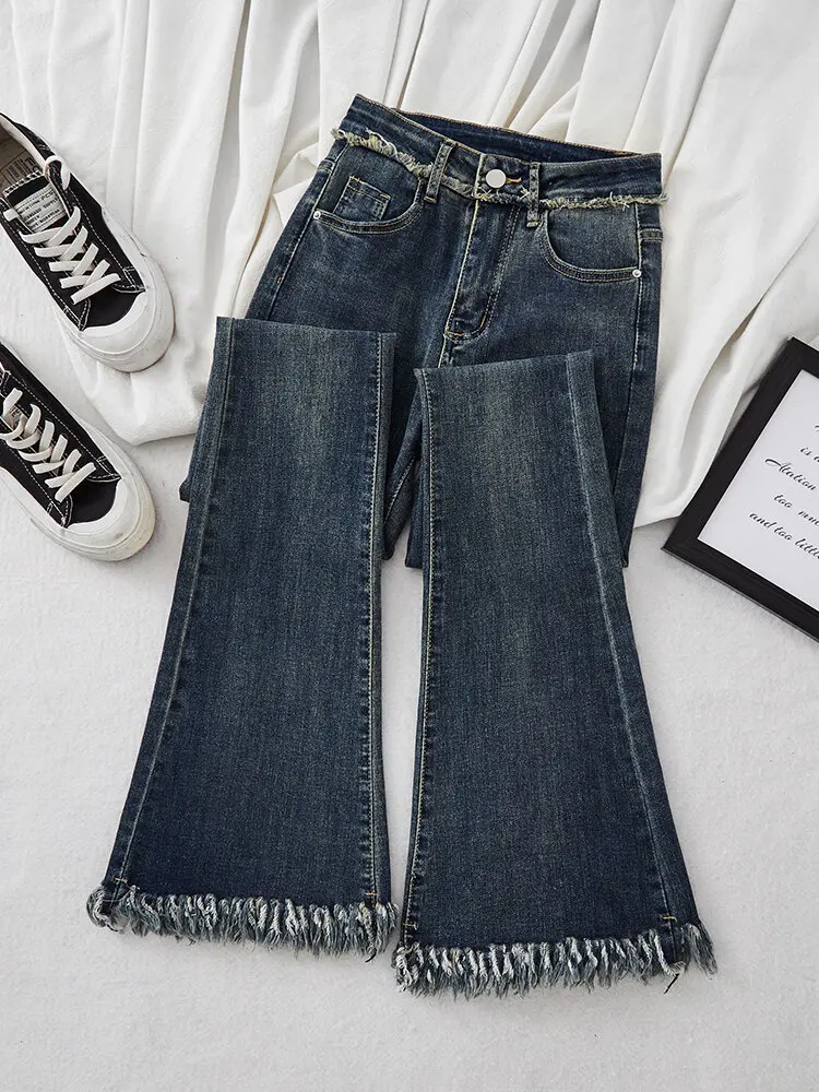 Women's Blue Baggy Flare Jeans Harajuku 90s Aesthetic Denim Trousers Y2k Vintage Japanese 2000s Style Jean Pants Trashy Clothes