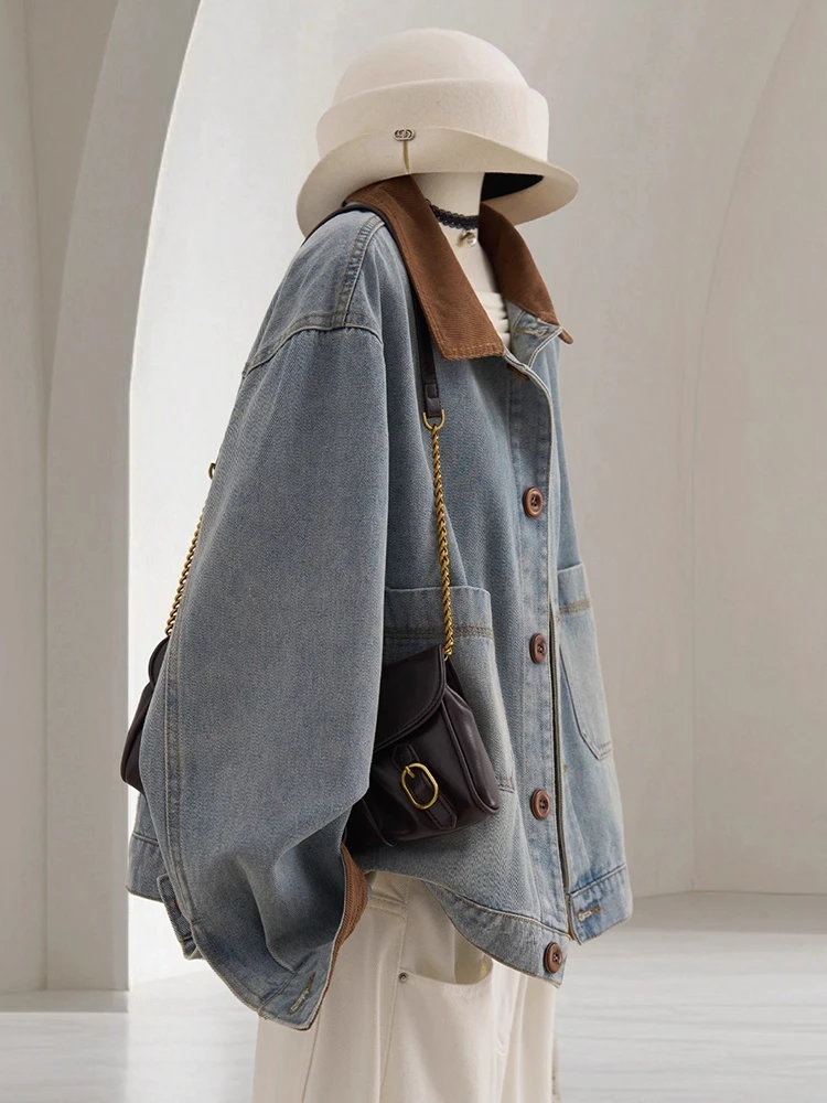 

Retro Sle Loose Fit Casual Blue Denim Jaet for Women Autumn Season Brand Button Detailing Slimming ort Coat