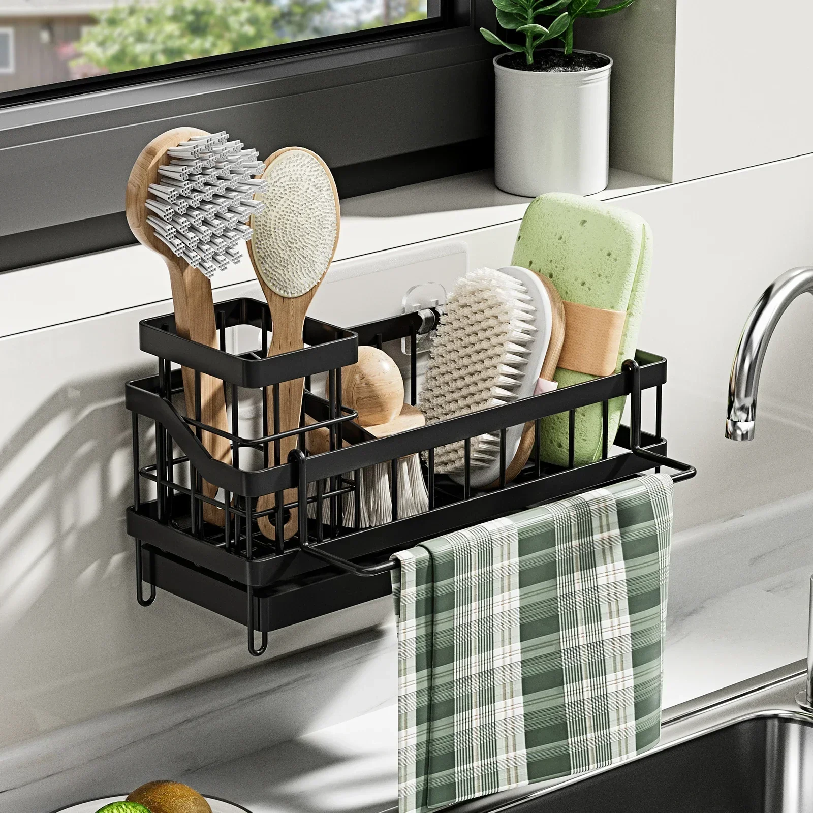 

1pc Kitchen Sink Sponge Drain Rack Sponge Towel Brush Cleaner Storage Wall mouted style Countertop style Black Spice racks