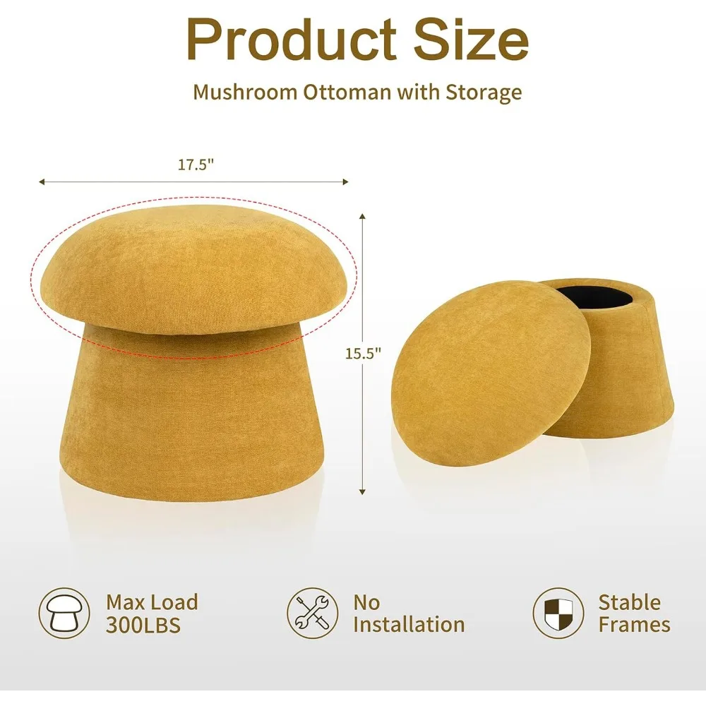 مجموعة مسند للقدمين مع مساحة تخزين، مقعد فانيتي للفطر، مسند قدم مستدير من قماش الشنيل، مقعد إضافي