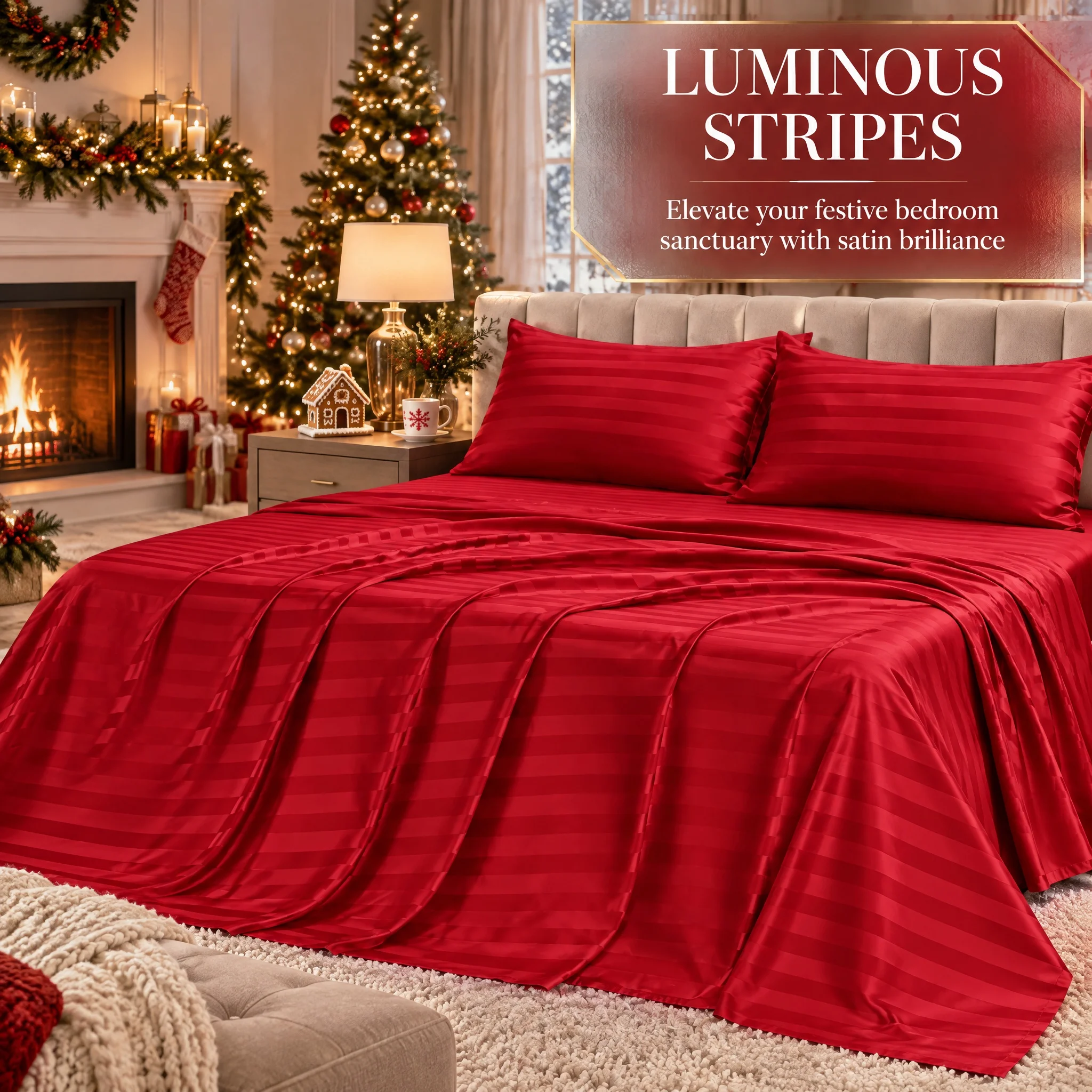 Satin Stripe 4-Piece Bedding Set, Silky Smooth Bed Sheets, 14 Inch Deep Pocket Design, Includes Fitted Sheet, Flat Sheet & Pillowcases, Multiple Sizes Available