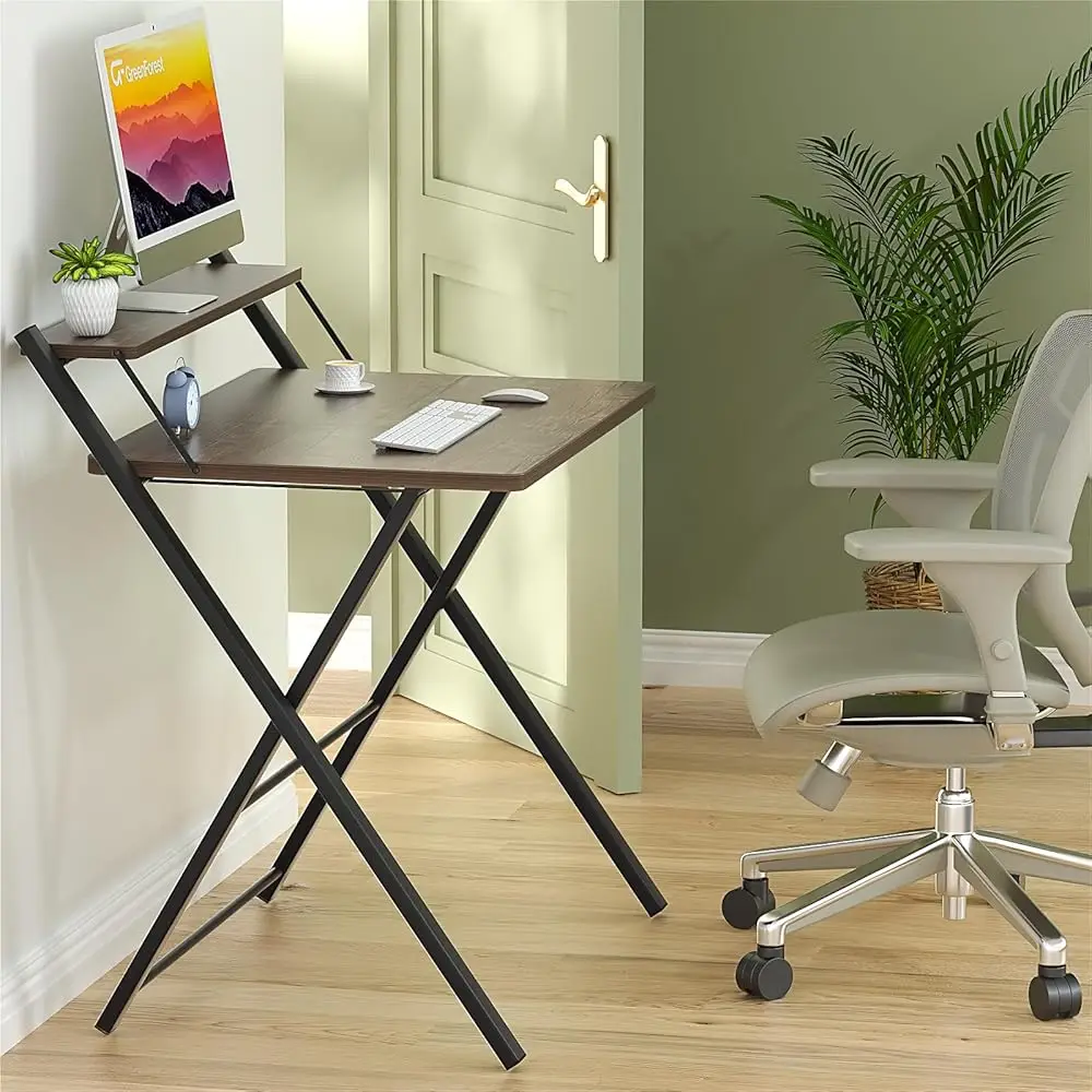 Folding Desk No Assembly Required Small Size, 2-Tier Foldable Computer Desk With Shelf For Home Office, Space Saving Portable