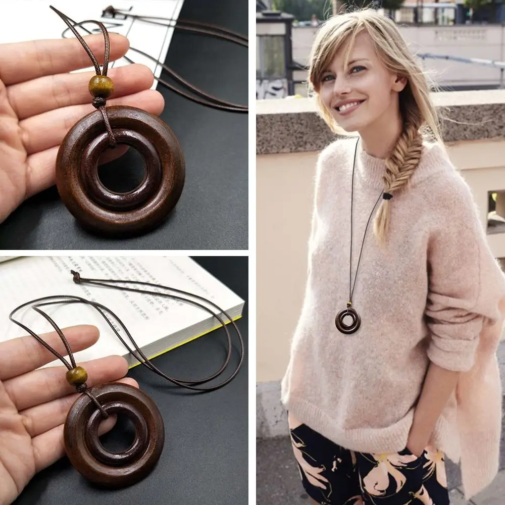 Wooden Collar Decoration Vintage Leather Lanyard Female Jewelry Clothing Pendant  Sweater Chain Sweater