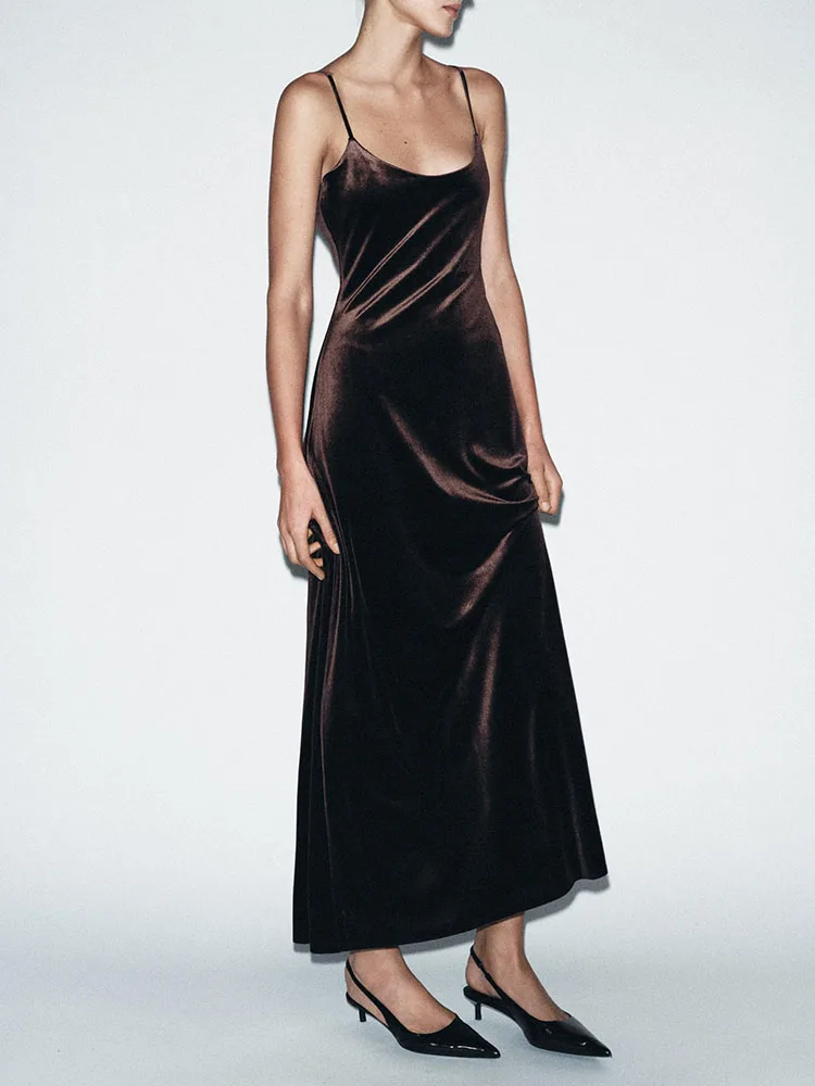 الراقية المخملية طويلة Strapl Dr ZA2025 جديد الشتاء المرأة Faion Ele ثنيات ثوب مثالي للحفلات والمناسبات #2