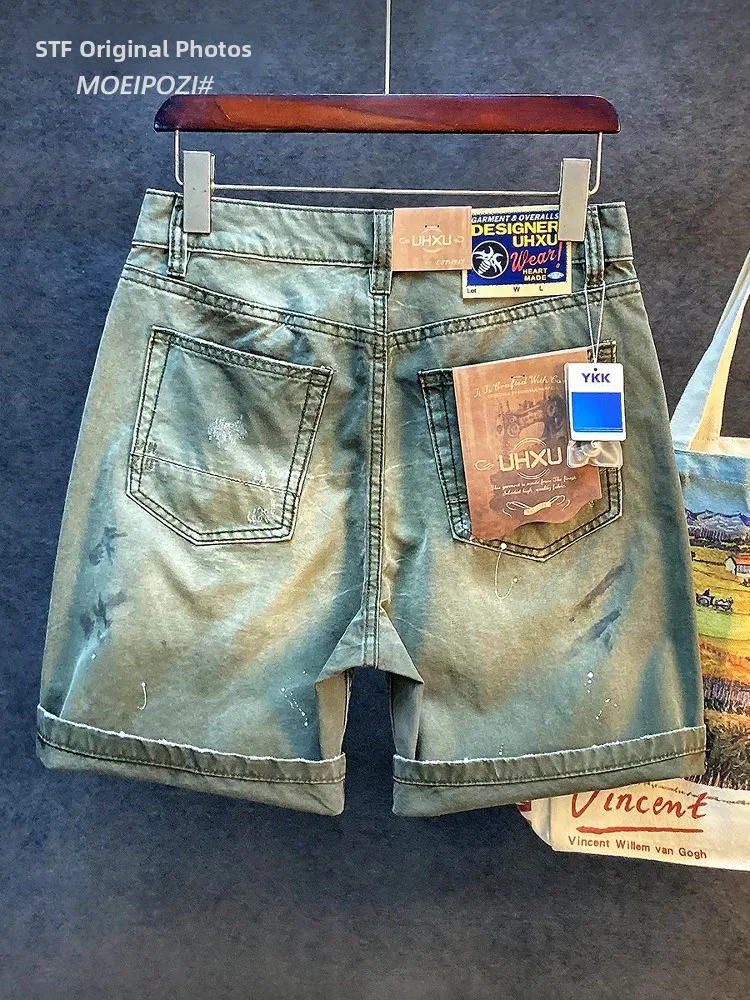 

High Quali Vintage Workwear orts Men's Spring Summer Thin Ink Splaing Embroidery Loose Casual Five-Quarter Trendy Pants