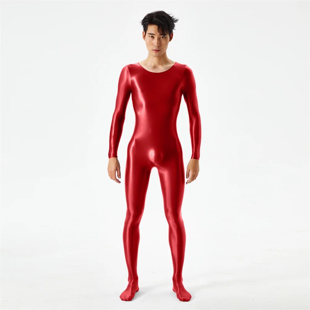 Mens Shiny Glossy Zentai Suit Lingerie Long Sleeve Bodystocking Sport Gym Fitness Bodysuit Jumpsuit Costume