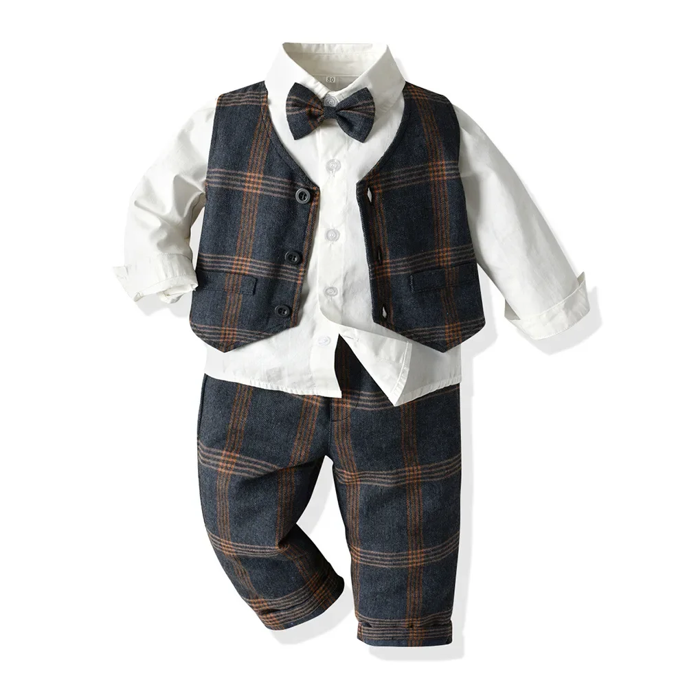 New Boy's Suit Plaid Vest+Long Sleeve White Shirt+ LongTrouser British Style Suit Children Boy Small Formal Attire Suit 70-140cm