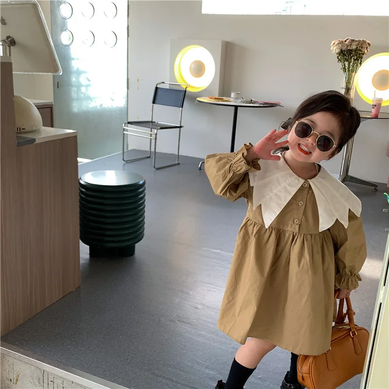 Girl Dress Spring 2023 New Retro Van Doll Pointed Collar Girl\'s Dress Long Sleeve Khaki Princess Dress Sweet Casual Dress