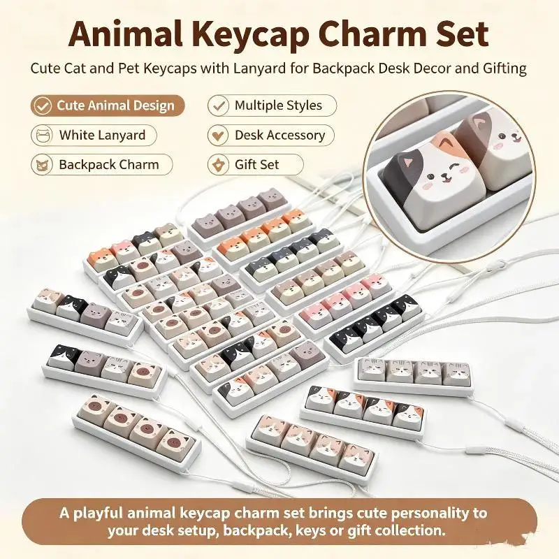 Cute Cat Relax Button Keycap 4-Key: Kawaii Keyboard Fidget Toy Portable Keychain Bag Charm