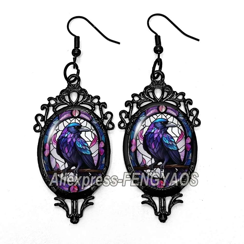 2024 New Raven Crow Stained Glass Dangle Earring Black Lace Earrings Oval Glass Photo Jewelry Gifts for Halloween Day