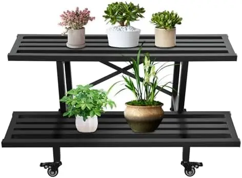 Sturdy Metal Plant Stand 2 Tier Heavy Duty Potted Flower Holder Plant Shelf Planter Display Shelving for Patio Garden