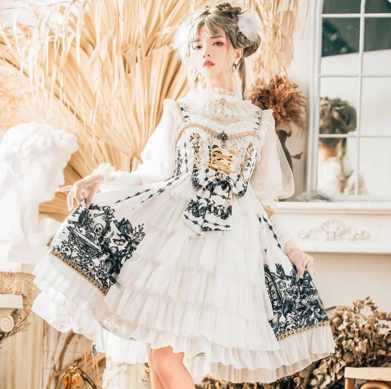 Vestido de princesa Lolita con tirantes negros góticos japoneses para mujer, Vintage, estampado gótico con cuentas, sin espalda, vestidos de hadas JSK