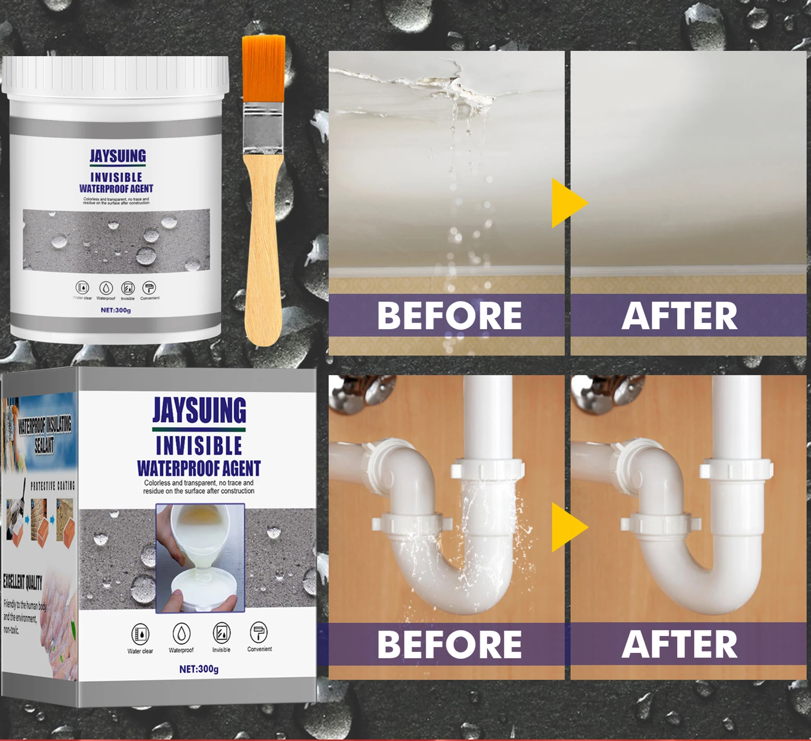 Waterproof Sealant 300g with Brush Long Lasting Moistureproof Invisible Adhesive Bathroom Tile Exterior Wall Roof Leak Sealer