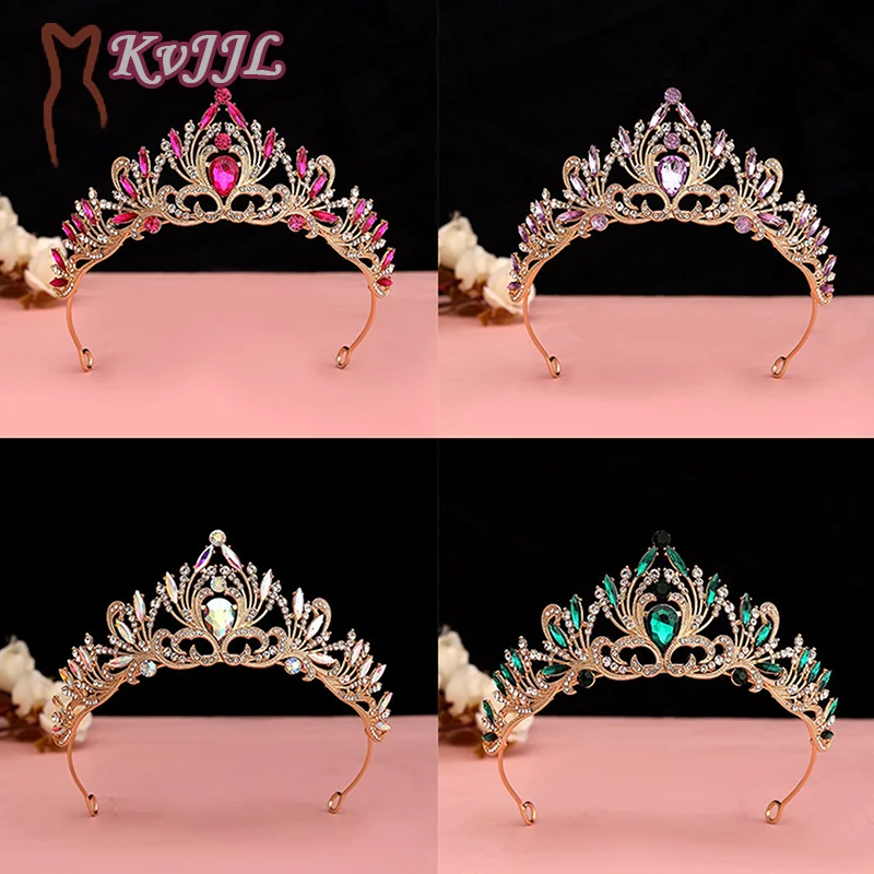 Elegant Korean Girls Pink Red Crystal Tiara Crown For Women Party Wedding Princess Rhinestone Bridal Crown Hair Jewelry